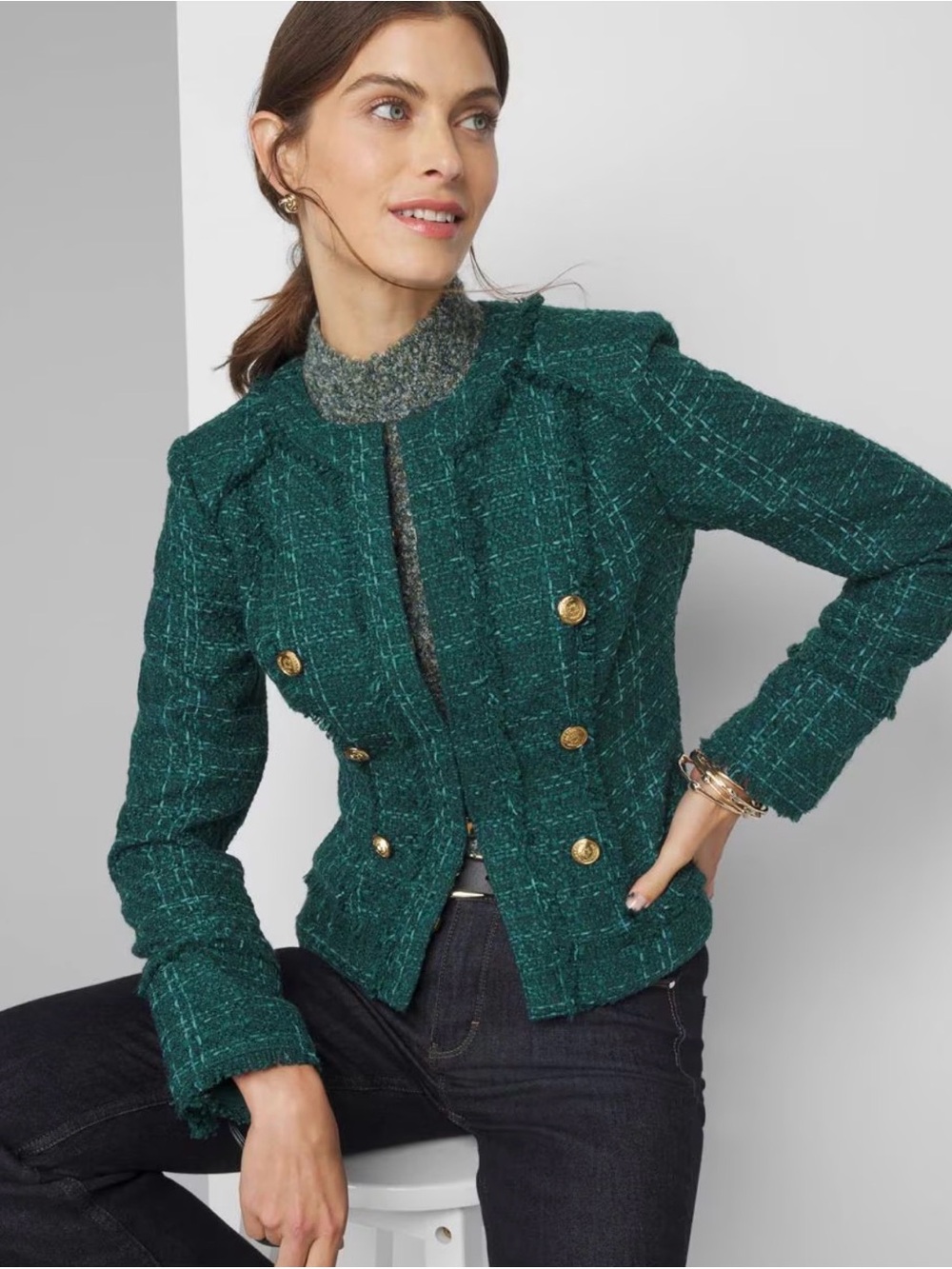 White House Black Market Emerald Green Tweed Double-Breasted Jacket